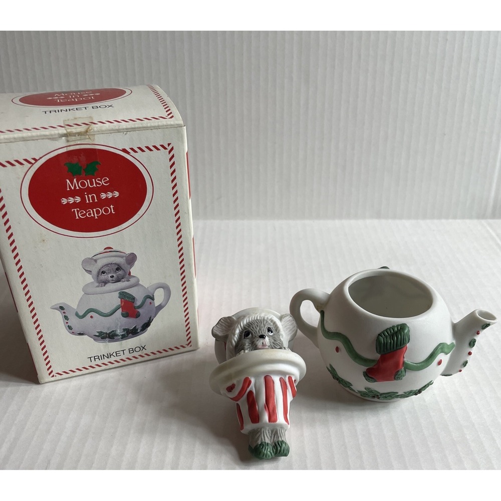 Vintage Mouse In Teapot Ceramic Trinket Holder 3.5" Christmas Decor Grannycore